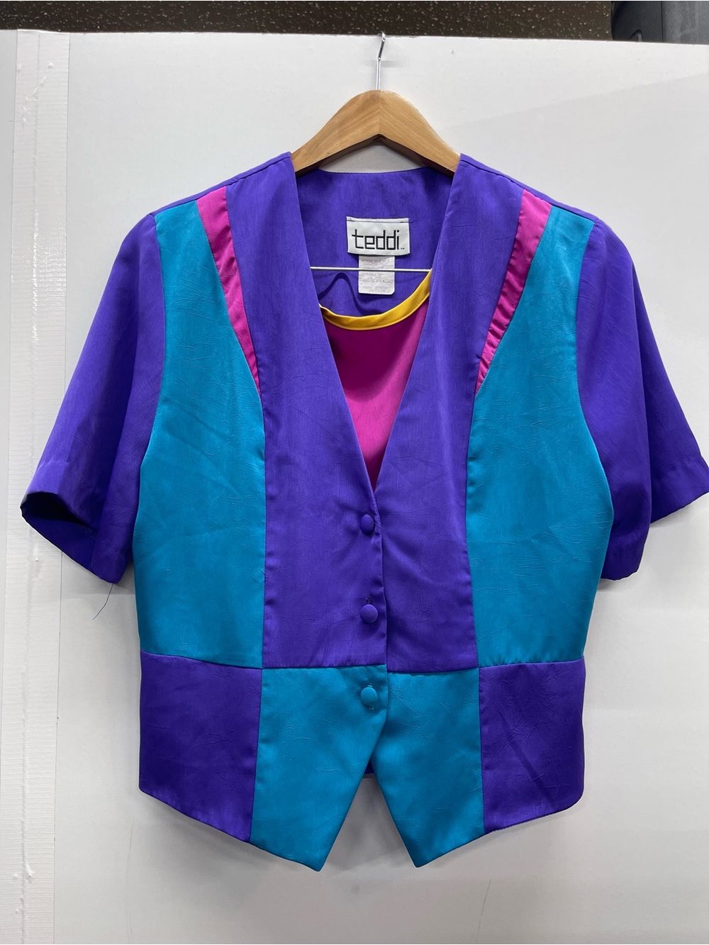 vintage Teddi brand colorblock vest featuring vibrant purple and teal panels